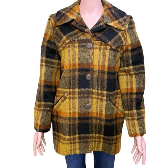 60s 70s VTG Women’s Tregos Westwear Plaid Wool Coat Medium Western Retro Boho - Picture 1 of 11